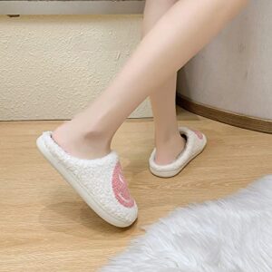 PLMOKN Smile Face Slippers,Retro Soft Plush Lightweight House Slippers Slip-on Cozy Indoor Outdoor Slippers,Slip on Anti-Skid Sole white + pink01 6-7Women/5-6Men