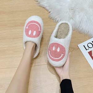 PLMOKN Smile Face Slippers,Retro Soft Plush Lightweight House Slippers Slip-on Cozy Indoor Outdoor Slippers,Slip on Anti-Skid Sole white + pink01 6-7Women/5-6Men