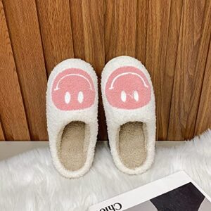 PLMOKN Smile Face Slippers,Retro Soft Plush Lightweight House Slippers Slip-on Cozy Indoor Outdoor Slippers,Slip on Anti-Skid Sole white + pink01 6-7Women/5-6Men