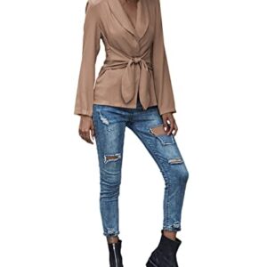 LYANER Women's V Neck Blazer Jacket Self Tie Knot Long Sleeve Elegant Workwear Blouse Khaki Small