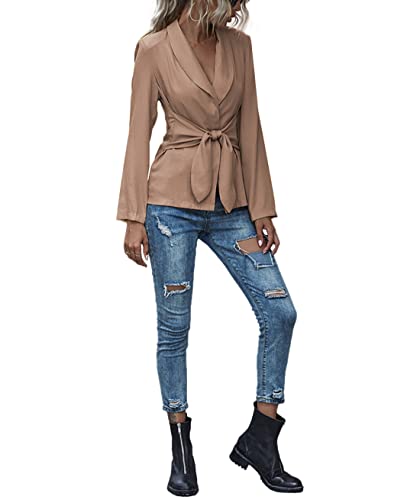 LYANER Women's V Neck Blazer Jacket Self Tie Knot Long Sleeve Elegant Workwear Blouse Khaki Small