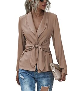 lyaner women's v neck blazer jacket self tie knot long sleeve elegant workwear blouse khaki small