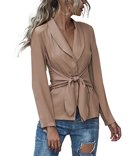 LYANER Women's V Neck Blazer Jacket Self Tie Knot Long Sleeve Elegant Workwear Blouse Khaki Small