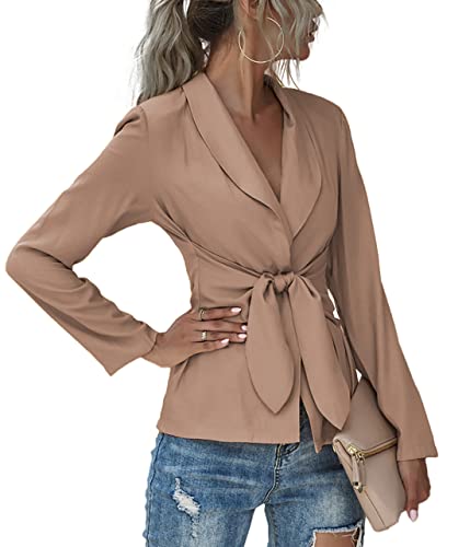 LYANER Women's V Neck Blazer Jacket Self Tie Knot Long Sleeve Elegant Workwear Blouse Khaki Small