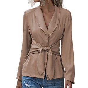 LYANER Women's V Neck Blazer Jacket Self Tie Knot Long Sleeve Elegant Workwear Blouse Khaki Small