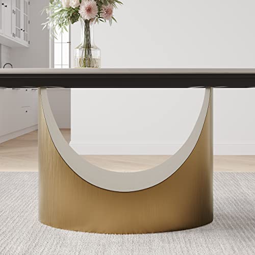 POVISON Modern Dining Table, 63 Inch White Dining Room Table for 6, Sintered Stone Table Top, Rectangular Pedestal Dining Table with Gold Carbon Steel Base for Kitchen & Dining