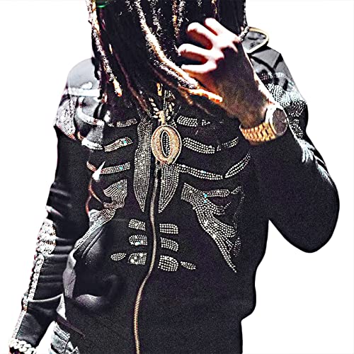 Fanvereka Men Women Over Face Rhinestone Full Zip Up Hoodie Halloween Costumes Y2k Graphic Hooded Streetwear Jacket Shirt (Black Skeleton, M)