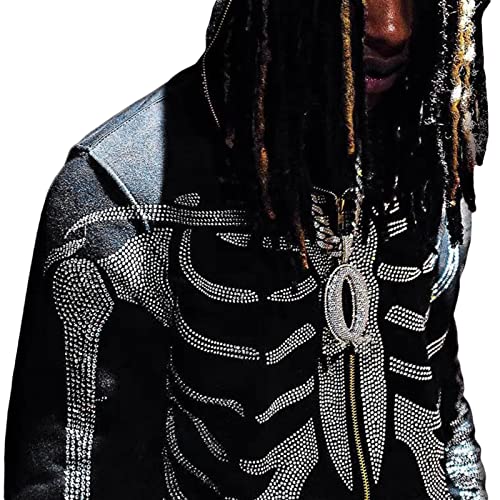 Fanvereka Men Women Over Face Rhinestone Full Zip Up Hoodie Halloween Costumes Y2k Graphic Hooded Streetwear Jacket Shirt (Black Skeleton, M)