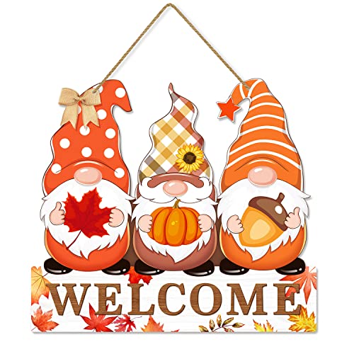 Fall Welcome Door Sign Decor, Gnomes Fall Hanging Sign Thanksgiving Wooden Signs Decorative Wall Plaque, Rustic Front Door Yard Farmhouse Home Autumn Harvest Decorations