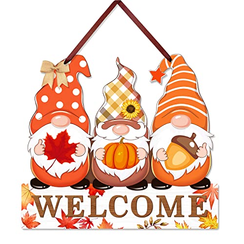 Fall Welcome Door Sign Decor, Gnomes Fall Hanging Sign Thanksgiving Wooden Signs Decorative Wall Plaque, Rustic Front Door Yard Farmhouse Home Autumn Harvest Decorations