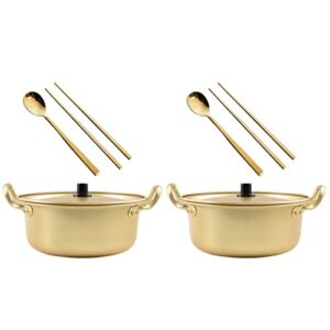 hemoton 2 sets ramen pot, korean ramen cooking pot with lid spoon and chopsticks (1pair), korean ramen noodle pot korean stockpots with double handle (6.3inch/ 16cm)