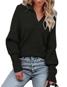 merokeety women's batwing long sleeve v neck pullover sweaters foldover collared casual knit jumper tops black