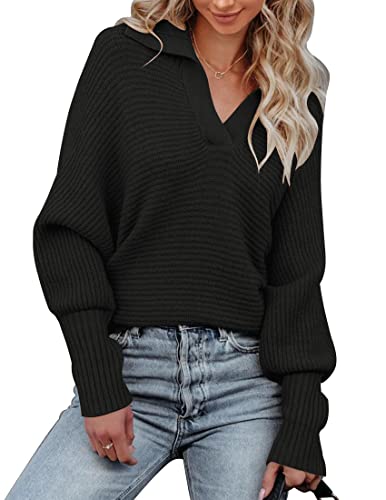 MEROKEETY Women's Batwing Long Sleeve V Neck Pullover Sweaters Foldover Collared Casual Knit Jumper Tops Black