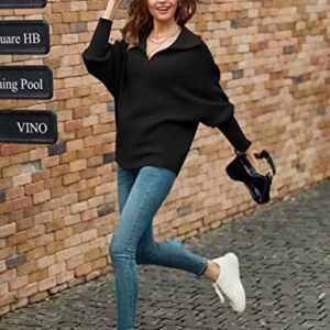 MEROKEETY Women's Batwing Long Sleeve V Neck Pullover Sweaters Foldover Collared Casual Knit Jumper Tops Black