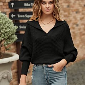 MEROKEETY Women's Batwing Long Sleeve V Neck Pullover Sweaters Foldover Collared Casual Knit Jumper Tops Black