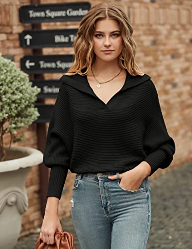 MEROKEETY Women's Batwing Long Sleeve V Neck Pullover Sweaters Foldover Collared Casual Knit Jumper Tops Black