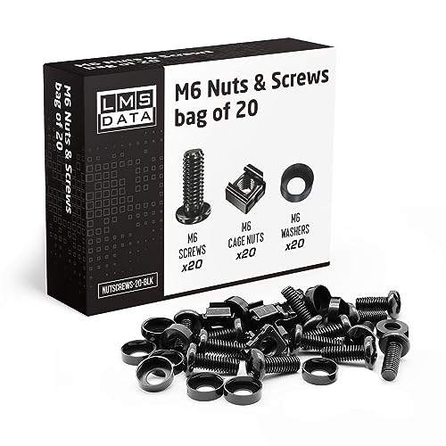 LMS Data M6 Cage Nuts and Screws - Panel Rack Mount Equipment for Rack Mount Server 19x10 inch Cabinet, Patch Panel, Server Shelves Fixing and Installation - Black 20-Pack Rack Screws and Cage Nuts