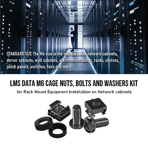 LMS Data M6 Cage Nuts and Screws - Panel Rack Mount Equipment for Rack Mount Server 19x10 inch Cabinet, Patch Panel, Server Shelves Fixing and Installation - Black 20-Pack Rack Screws and Cage Nuts