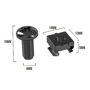 LMS Data M6 Cage Nuts and Screws - Panel Rack Mount Equipment for Rack Mount Server 19x10 inch Cabinet, Patch Panel, Server Shelves Fixing and Installation - Black 20-Pack Rack Screws and Cage Nuts