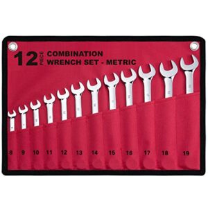 12-piece metric combination wrench set in roll-up pouch, non-skip sizes 8mm - 19mm | chrome vanadium steel with mirror finish | ideal for general household, garage workshop, auto repairs and much more