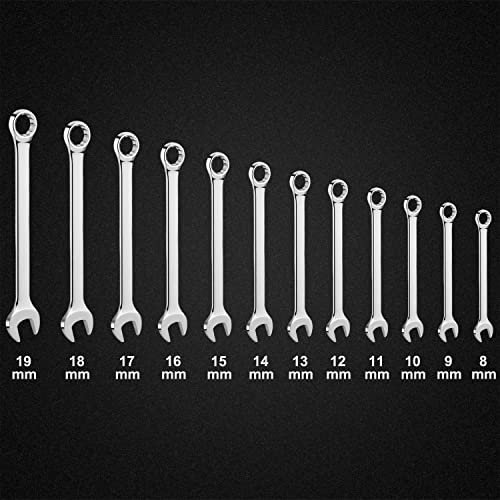 12-Piece Metric Combination Wrench Set in Roll-up Pouch, Non-Skip Sizes 8mm - 19mm | Chrome Vanadium Steel with Mirror Finish | Ideal for General Household, Garage Workshop, Auto Repairs and Much More