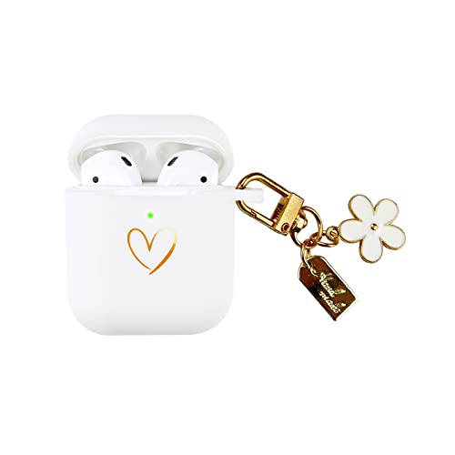 AIIEKZ Compatible with AirPods Case Cover, Soft Silicone Case with Gold Heart Pattern for AirPods 2&1 Generation Case with Cute Daisy Keychain for Girls Women (White)