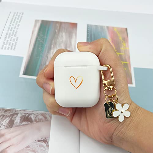 AIIEKZ Compatible with AirPods Case Cover, Soft Silicone Case with Gold Heart Pattern for AirPods 2&1 Generation Case with Cute Daisy Keychain for Girls Women (White)