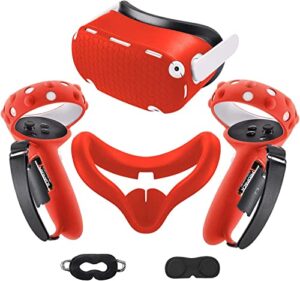 compatible with oculus quest 2 accessories, silicone face cover, vr shell cover, touch controller lengthening grip cover with battery opening adjustable with knuckle straps red