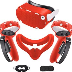 Compatible with Oculus Quest 2 Accessories, Silicone Face Cover, VR Shell Cover, Touch Controller Lengthening Grip Cover with Battery Opening Adjustable with Knuckle Straps Red