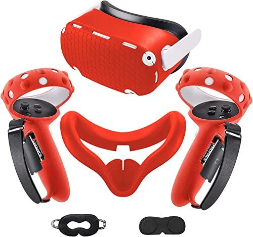 Compatible with Oculus Quest 2 Accessories, Silicone Face Cover, VR Shell Cover, Touch Controller Lengthening Grip Cover with Battery Opening Adjustable with Knuckle Straps Red