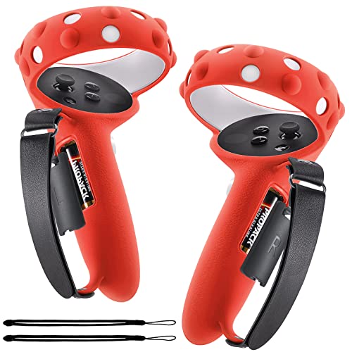 Compatible with Oculus Quest 2 Accessories, Silicone Face Cover, VR Shell Cover, Touch Controller Lengthening Grip Cover with Battery Opening Adjustable with Knuckle Straps Red
