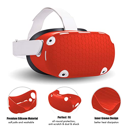 Compatible with Oculus Quest 2 Accessories, Silicone Face Cover, VR Shell Cover, Touch Controller Lengthening Grip Cover with Battery Opening Adjustable with Knuckle Straps Red