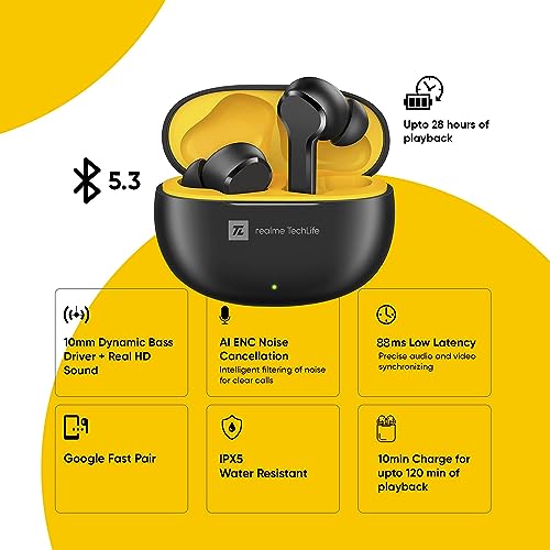 realme TechLife Buds T100 Bluetooth Truly Wireless in Ear Earbuds with mic, AI ENC for Calls, Google Fast Pair, 28 Hours Total Playback with Fast Charging and Low Latency Gaming Mode (Black)