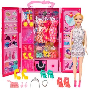 doll closet wardrobe with 11.5” fashion doll and and doll accessories, including 4 dresses, 3 pairs of high heel shoes, tote bag and doll's hair clips, gift for girls for christmas and birthday