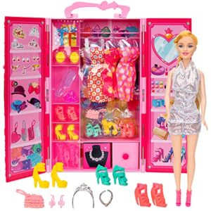 Doll Closet Wardrobe with 11.5” Fashion Doll and and Doll Accessories, Including 4 Dresses, 3 Pairs of High Heel Shoes, Tote Bag and Doll's Hair Clips, Gift for Girls for Christmas and Birthday