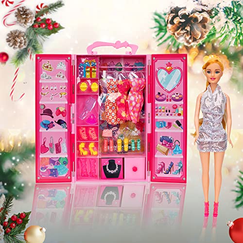 Doll Closet Wardrobe with 11.5” Fashion Doll and and Doll Accessories, Including 4 Dresses, 3 Pairs of High Heel Shoes, Tote Bag and Doll's Hair Clips, Gift for Girls for Christmas and Birthday