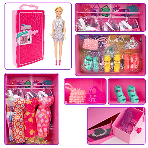 Doll Closet Wardrobe with 11.5” Fashion Doll and and Doll Accessories, Including 4 Dresses, 3 Pairs of High Heel Shoes, Tote Bag and Doll's Hair Clips, Gift for Girls for Christmas and Birthday