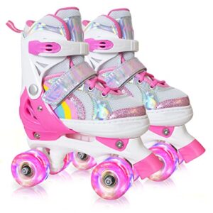 Toddler Roller Skates for Little Kids Toddler Ages 3-5 3 4 5, 4 Size Adjustable Girls Rainbow Unicorn Quad Skates with All Light Up Wheels - Best Birthday Gift for Outdoor Sports