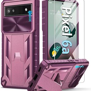 FNTCASE for Google Pixel 6a Case: Military Drop Proof Protection Rugged Protective Pixel 6A 5G Cell Phone Cover with Kickstand & Slide | Shockproof TPU Matte Textured Hybrid Bumper - Pink Purple
