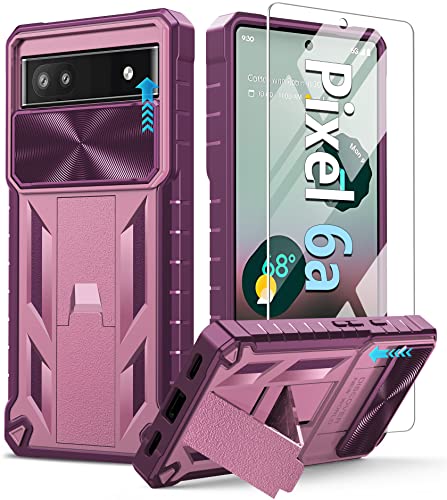 FNTCASE for Google Pixel 6a Case: Military Drop Proof Protection Rugged Protective Pixel 6A 5G Cell Phone Cover with Kickstand & Slide | Shockproof TPU Matte Textured Hybrid Bumper - Pink Purple