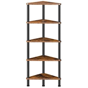 hoobro corner shelf with metal frame, industrial 5-tier wall corner bookshelf stand display plant flower, bookcase for small spaces, bedroom, living room, rustic brown bf33cj01