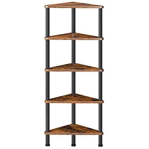 HOOBRO Corner Shelf with Metal Frame, Industrial 5-Tier Wall Corner Bookshelf Stand Display Plant Flower, Bookcase for Small Spaces, Bedroom, Living Room, Rustic Brown BF33CJ01