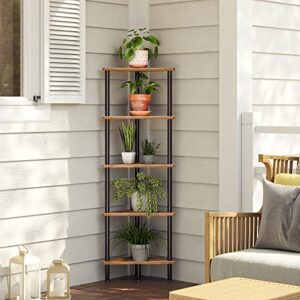 HOOBRO Corner Shelf with Metal Frame, Industrial 5-Tier Wall Corner Bookshelf Stand Display Plant Flower, Bookcase for Small Spaces, Bedroom, Living Room, Rustic Brown BF33CJ01