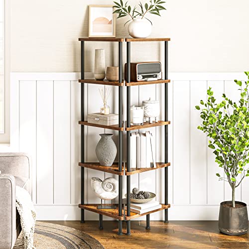 HOOBRO Corner Shelf with Metal Frame, Industrial 5-Tier Wall Corner Bookshelf Stand Display Plant Flower, Bookcase for Small Spaces, Bedroom, Living Room, Rustic Brown BF33CJ01