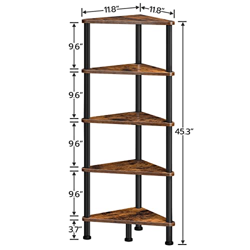 HOOBRO Corner Shelf with Metal Frame, Industrial 5-Tier Wall Corner Bookshelf Stand Display Plant Flower, Bookcase for Small Spaces, Bedroom, Living Room, Rustic Brown BF33CJ01