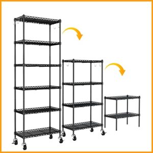 vkahaak 6-Tier Wire Shelving Unit, Adjustable Storage Shelf with Lockable Wheels, Large Capacity Metal Shelves with Stainless Hook for Garage Kitchen Pantry Living Room Bathroom (22" x 12" x 65")