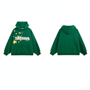 NIGEIYEME Unisex Star Y2k Zip Up Hoodie Long Sleeve Star Print Vintage Sweatshirt E-girl Halloween Casual Top Streetwear Jacket (Green,XXL,US,Alpha,Unisex,Adult,XX-Large,Regular,Regular)