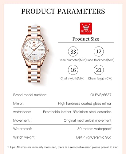 OLEVS Blue Self Winding Womens Watches Waterproof Rose Gold Stainless Steel Watches for Womens Ceramics Mechanical Wrist Watch Luxury Diamonds Automatic Watch Dress Women