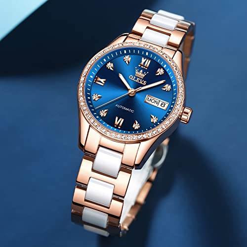 OLEVS Blue Self Winding Womens Watches Waterproof Rose Gold Stainless Steel Watches for Womens Ceramics Mechanical Wrist Watch Luxury Diamonds Automatic Watch Dress Women