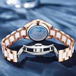 OLEVS Blue Self Winding Womens Watches Waterproof Rose Gold Stainless Steel Watches for Womens Ceramics Mechanical Wrist Watch Luxury Diamonds Automatic Watch Dress Women